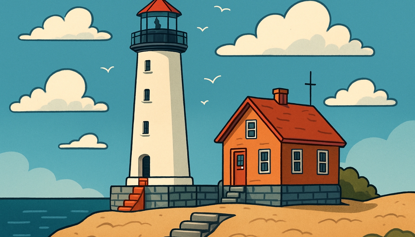 Serene Coastal Lighthouse Cartoon Illustration for Virtual Backgrounds