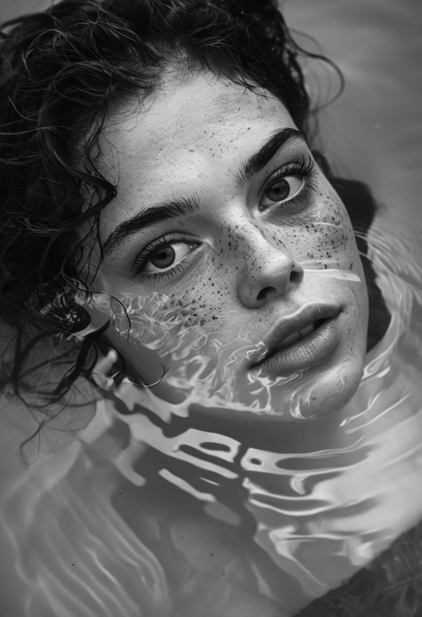 Striking Black and White Submerged Portrait with Reflections Art