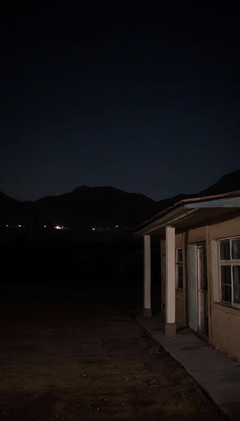 Mysterious Nighttime Cabin with Mountains and Dim Light Mobile Wallpaper