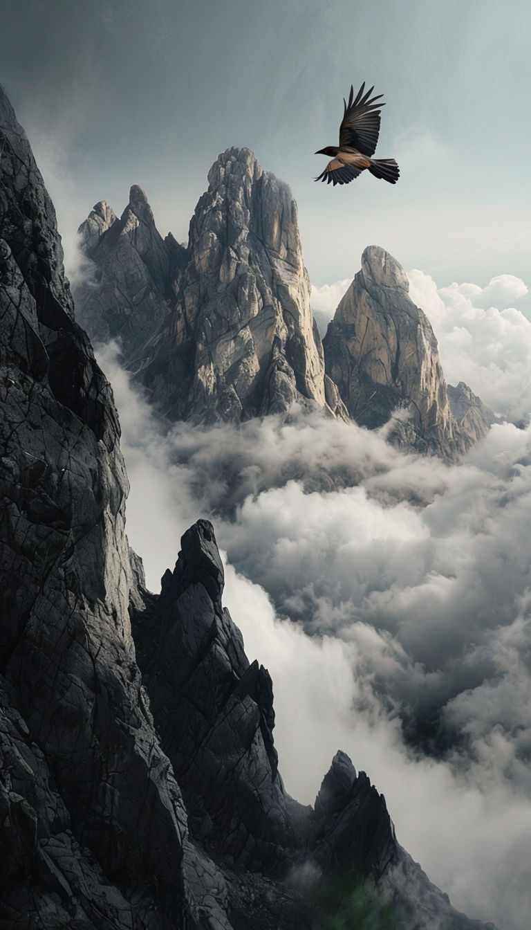 Majestic Mountain Landscape with Clouds and Soaring Bird Mobile Wallpaper
