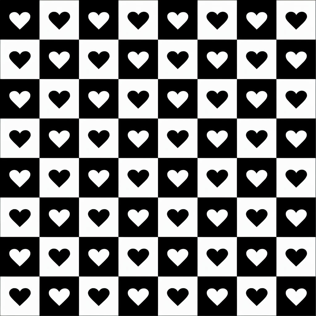 Black and White Heart Shapes Checkerboard Pattern Design Seamless Pattern