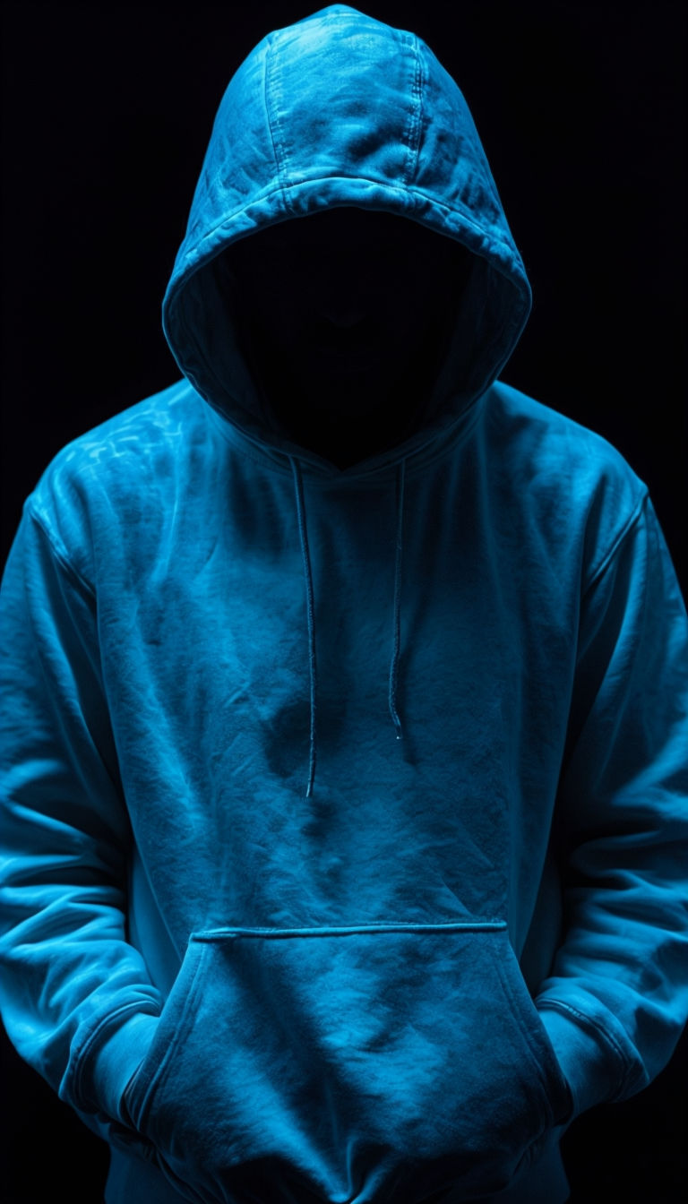 Mysterious Neon-Blue Hooded Figure in Dark Atmosphere Art