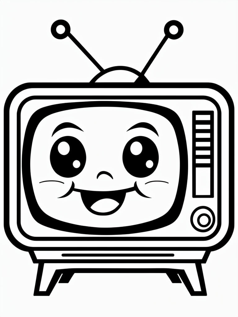 Cheerful Cartoon Television Set Line Drawing for Coloring Book Pages