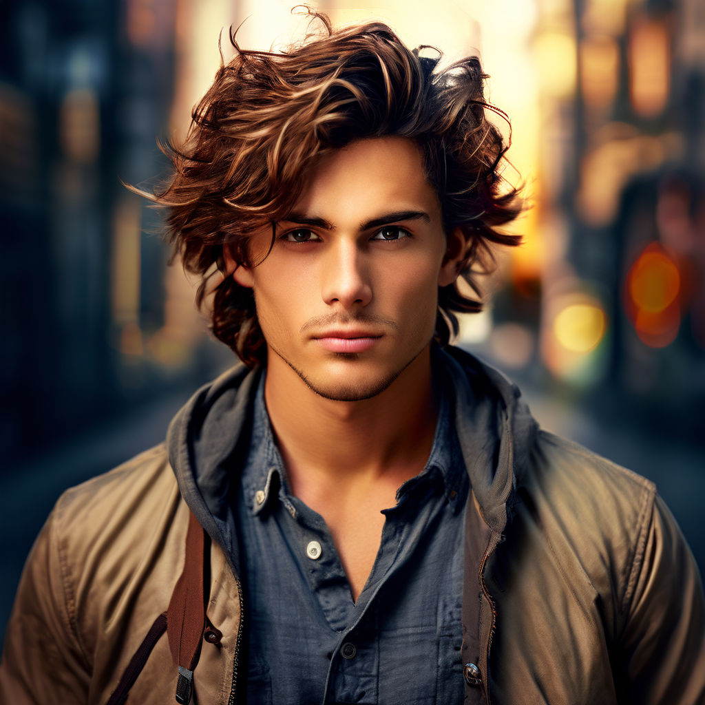 young guy with thick messy ginger shoulder-length hair