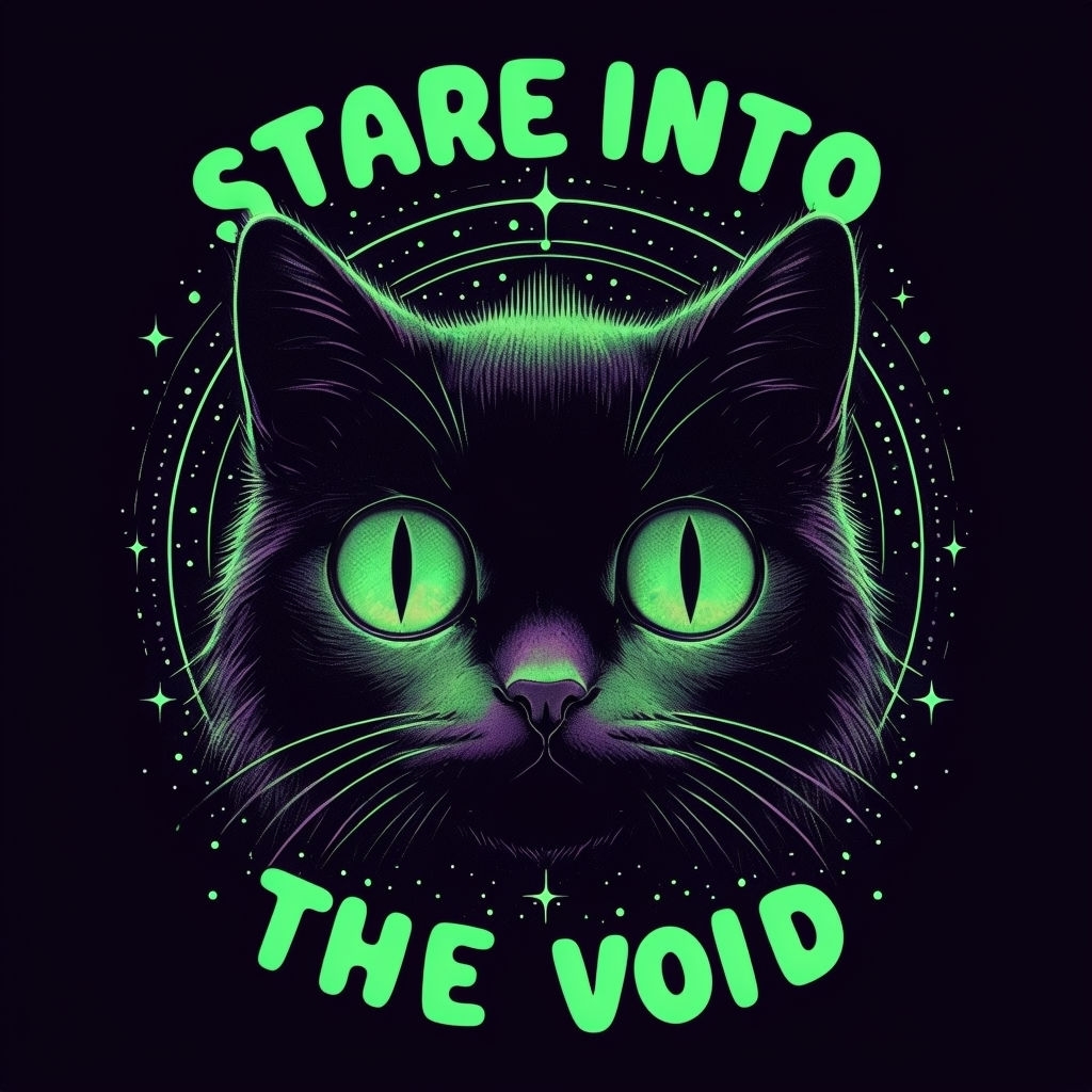 Neon Green Cat with Cosmic Eyes and 'Stare Into The Void' T-Shirt