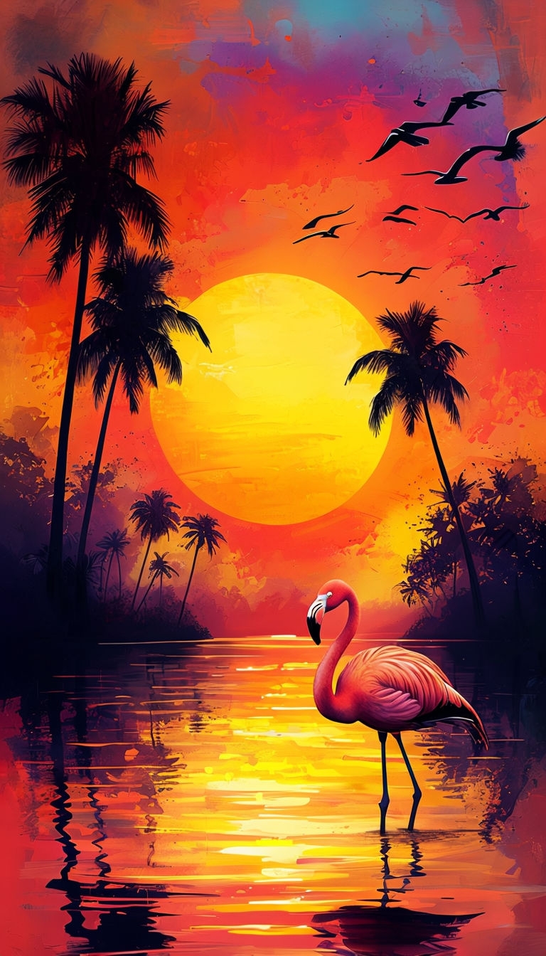 Tropical Sunset with Flamingo and Palm Trees Phone Case Cover