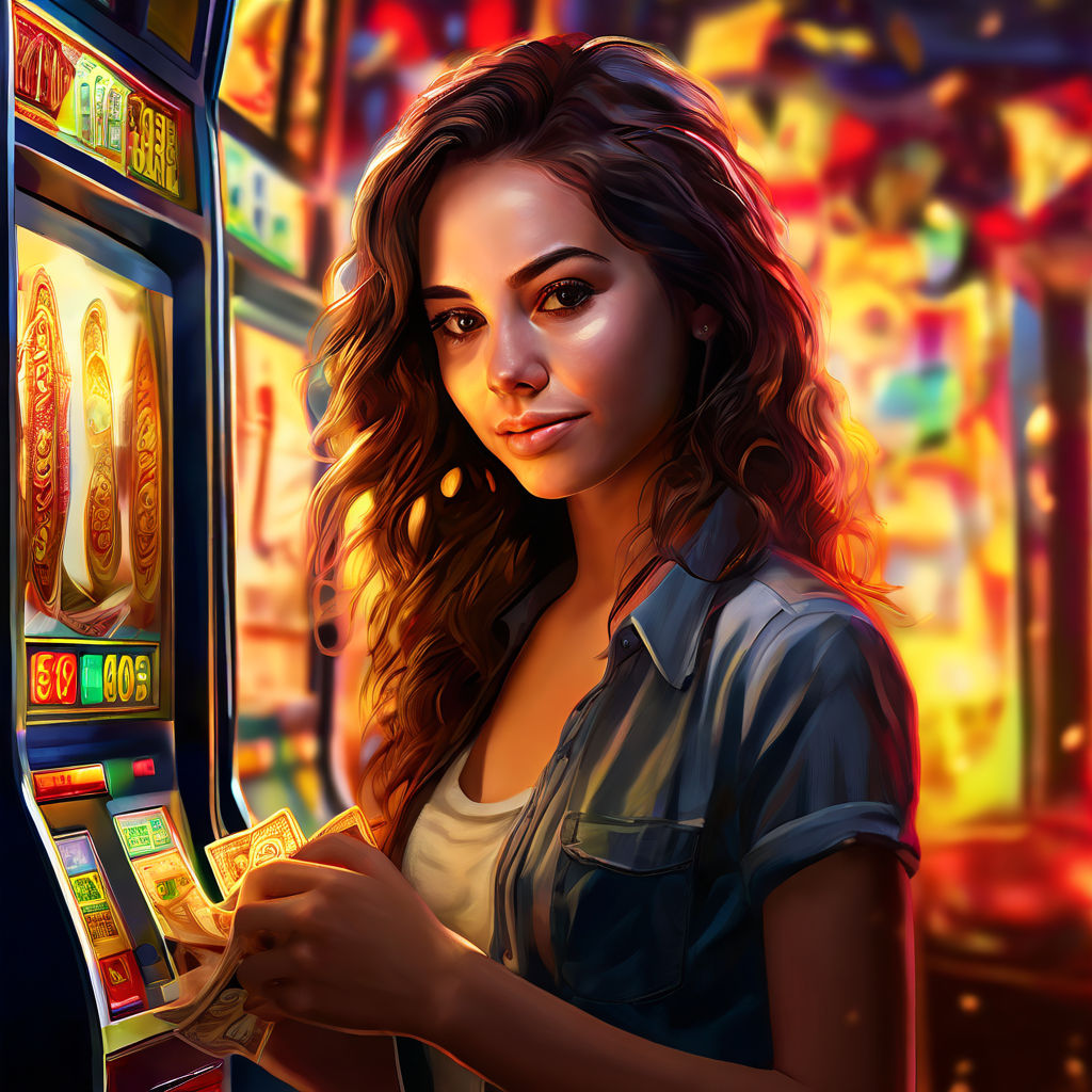 Slot machine girl clutching cash, portrait orientation, 9:16 aspect ratio, vibrant lights reflecting off glossy surfaces, shadows casting depth, background blur emphasizing subject, focus on hands with currency, crisp, high contrast, digital painting, ultra fine detail.