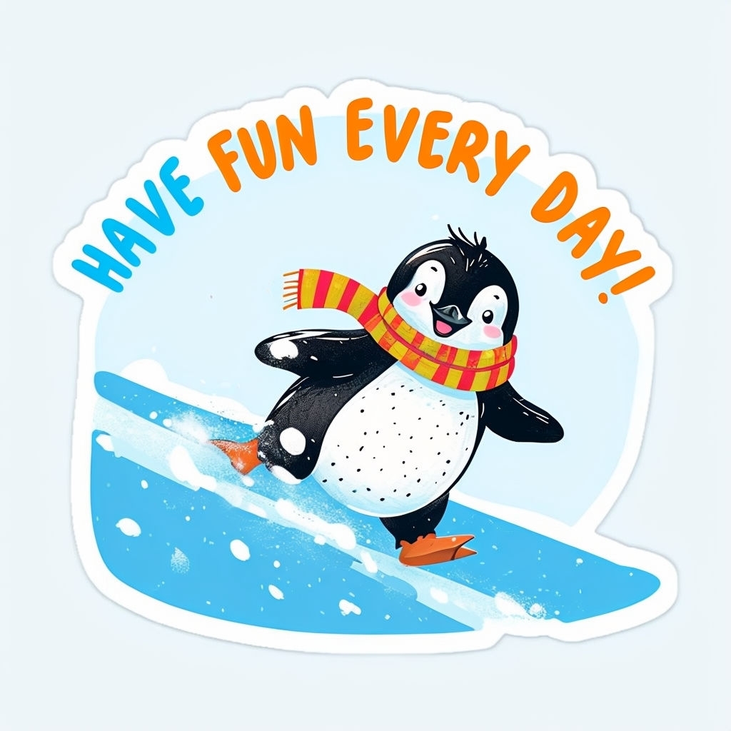 Playful Penguin Sliding Down Snowy Hill Sticker