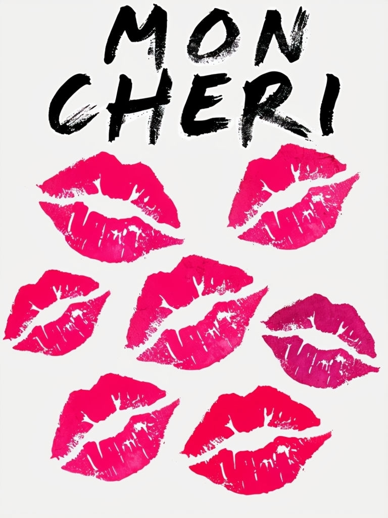 Vibrant Red Lip Prints with Mon Cheri Text Art Card Design