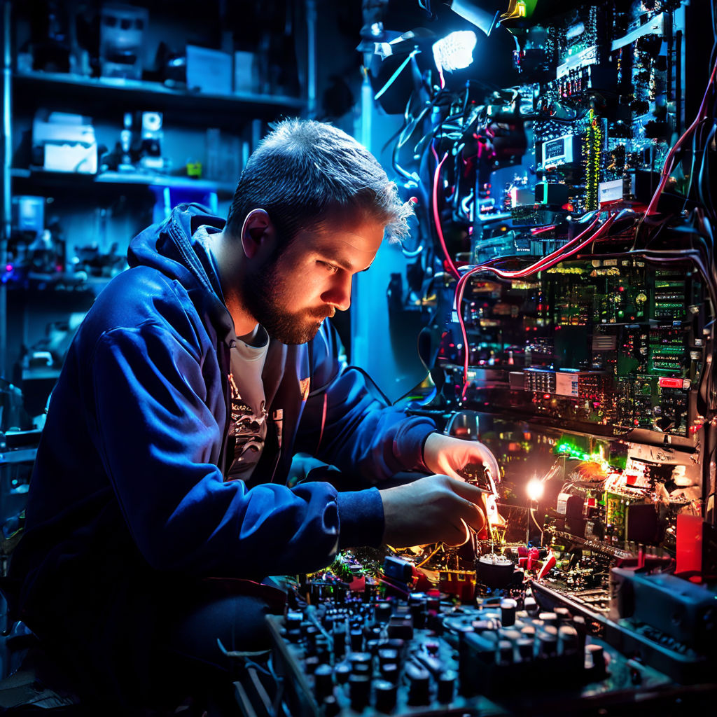 computer engineer guy working on hardware in workshop