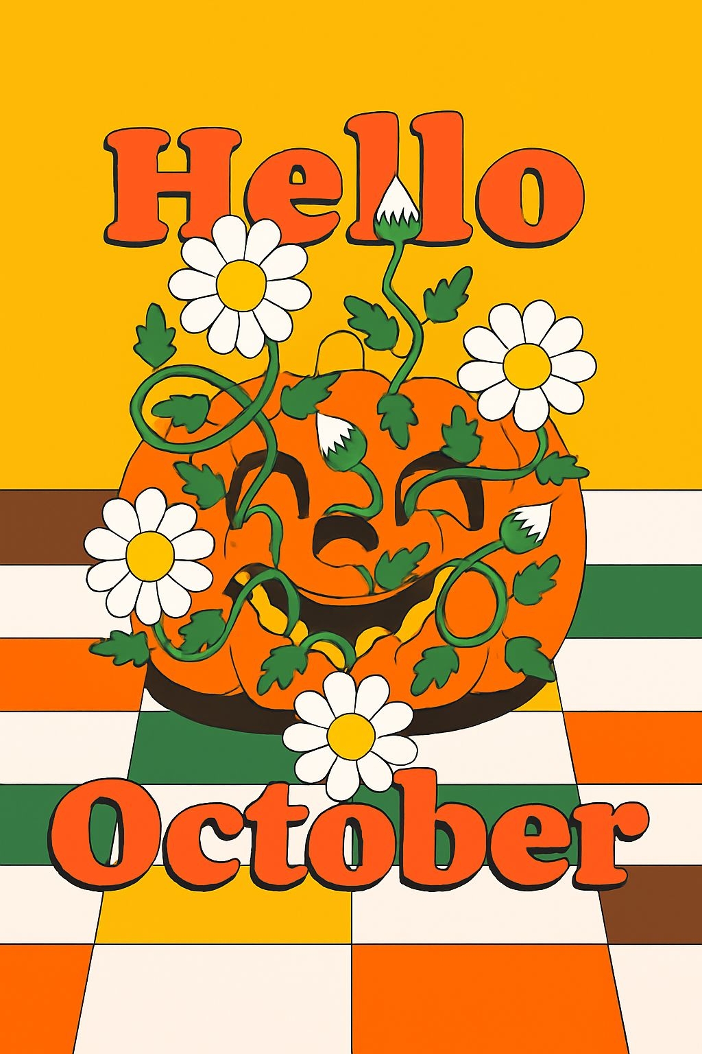 Festive Cartoon Pumpkin and Daisies Halloween October Poster