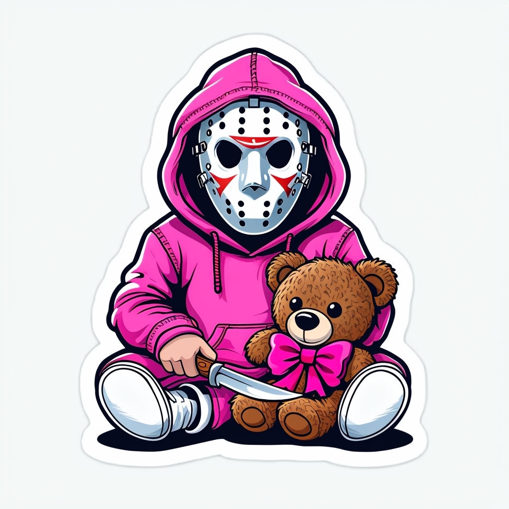 Eerie Cartoon Child with Hockey Mask and Teddy Bear Sticker