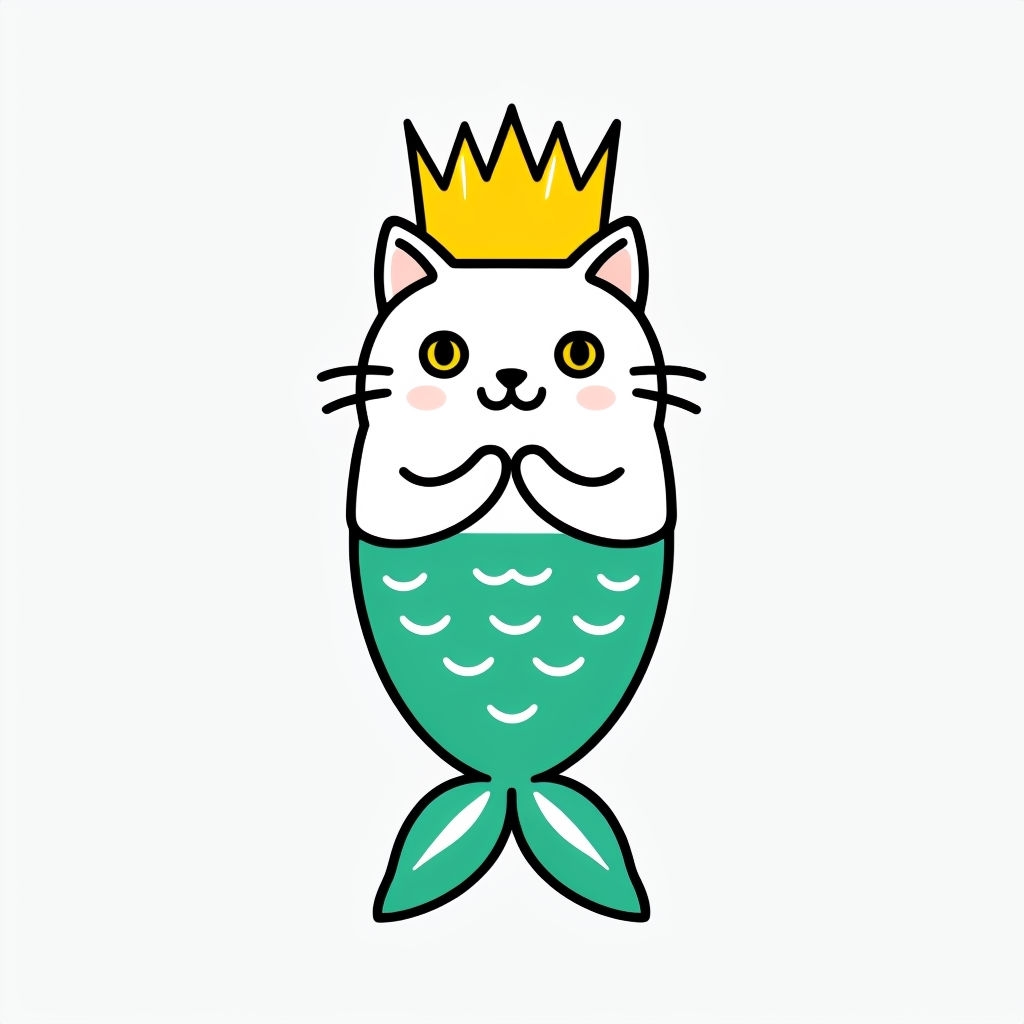 Whimsical White Cat Mermaid Illustration with Crown Sticker