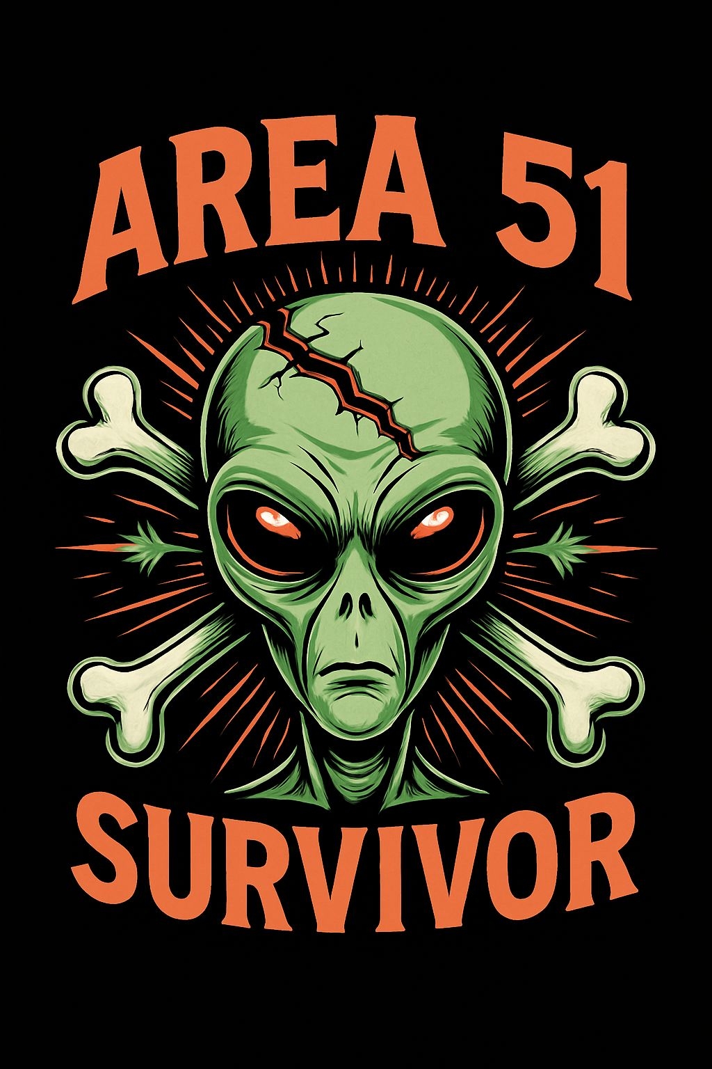 Striking Green Alien Head with Bones and Area 51 Text T-Shirt