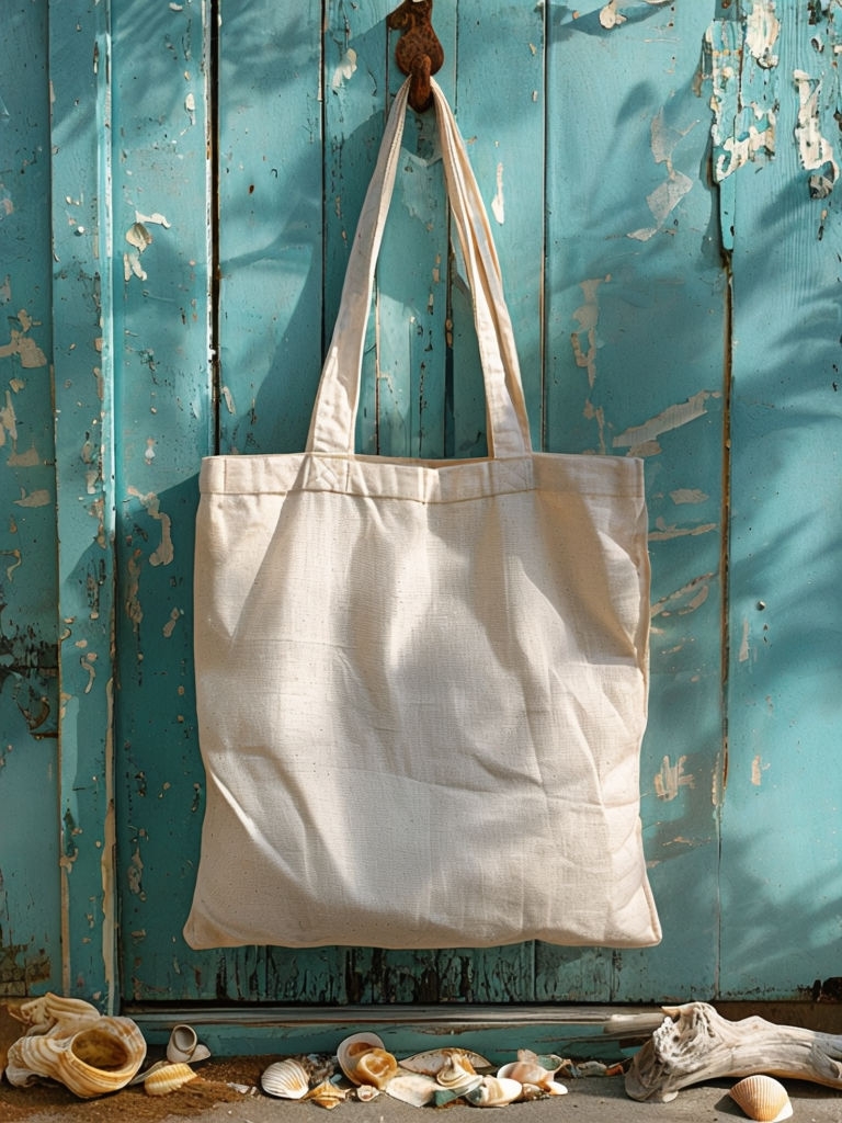 Vintage Coastal Tote Bag Mockup on Turquoise Door