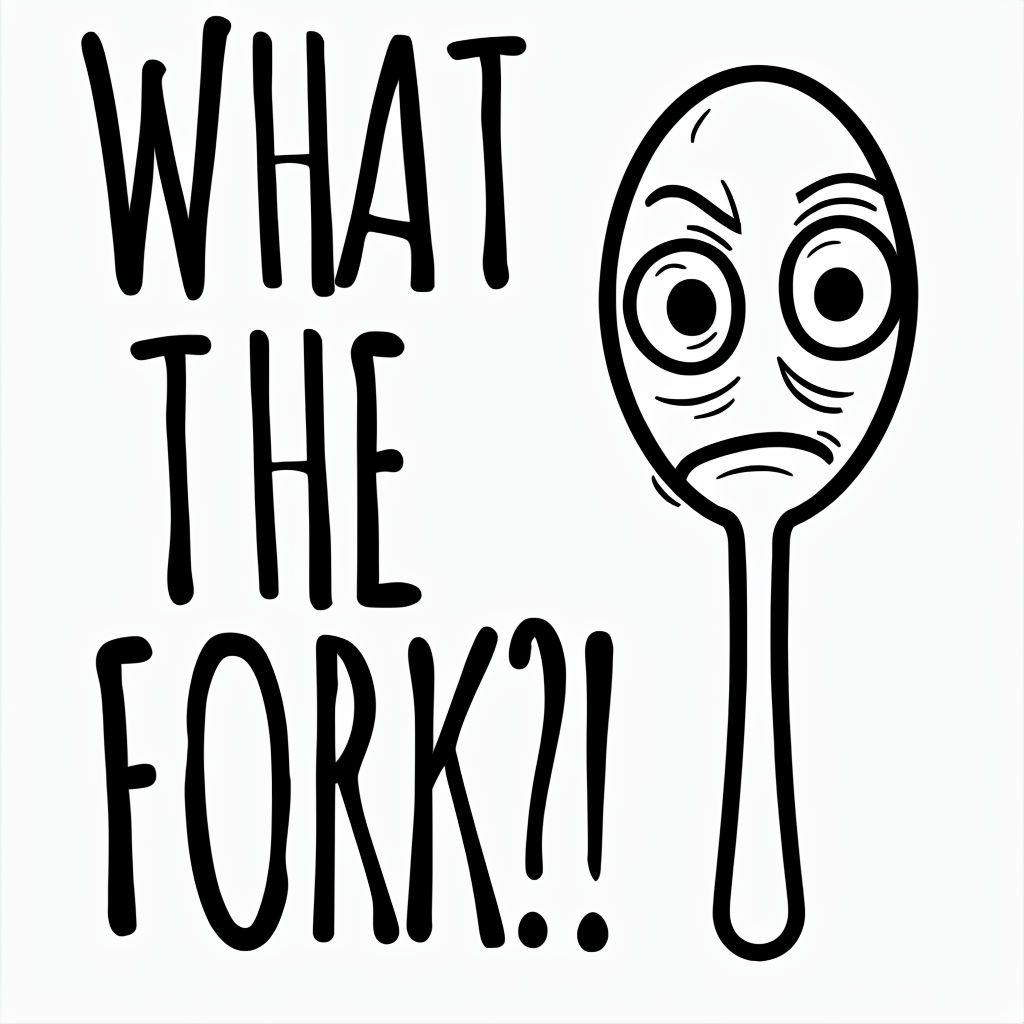 Comically Surprised Fork Character with What the Fork Text Mug