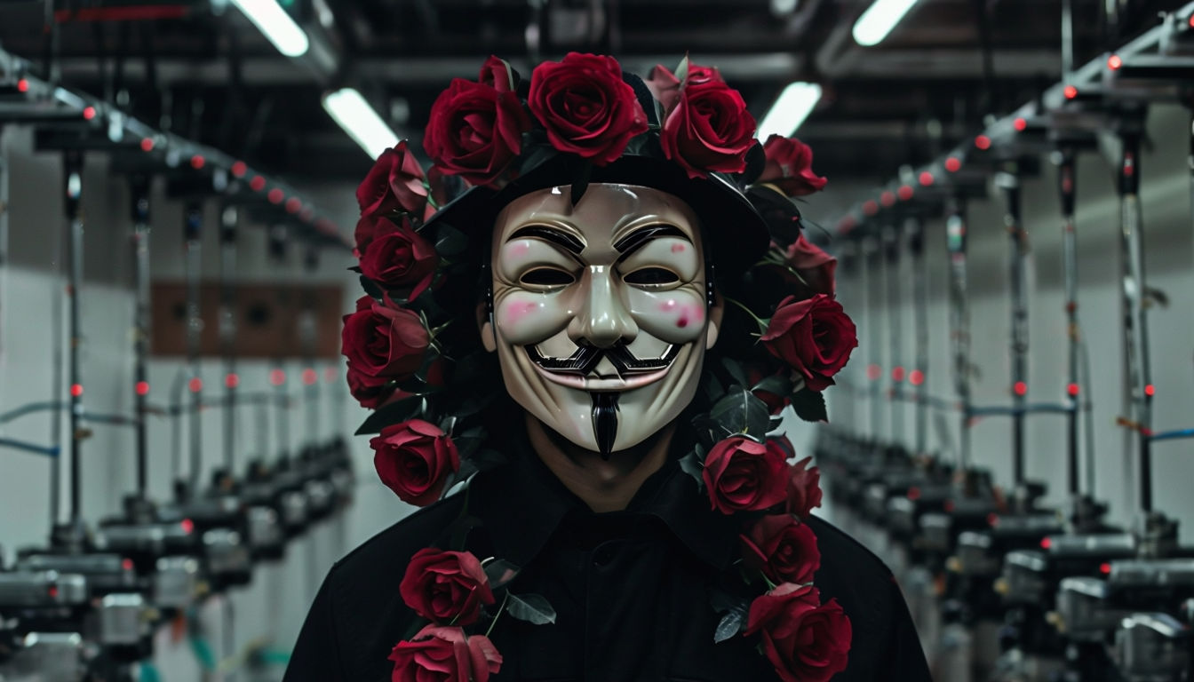 Mysterious Guy Fawkes Mask Surrounded by Red Roses Art