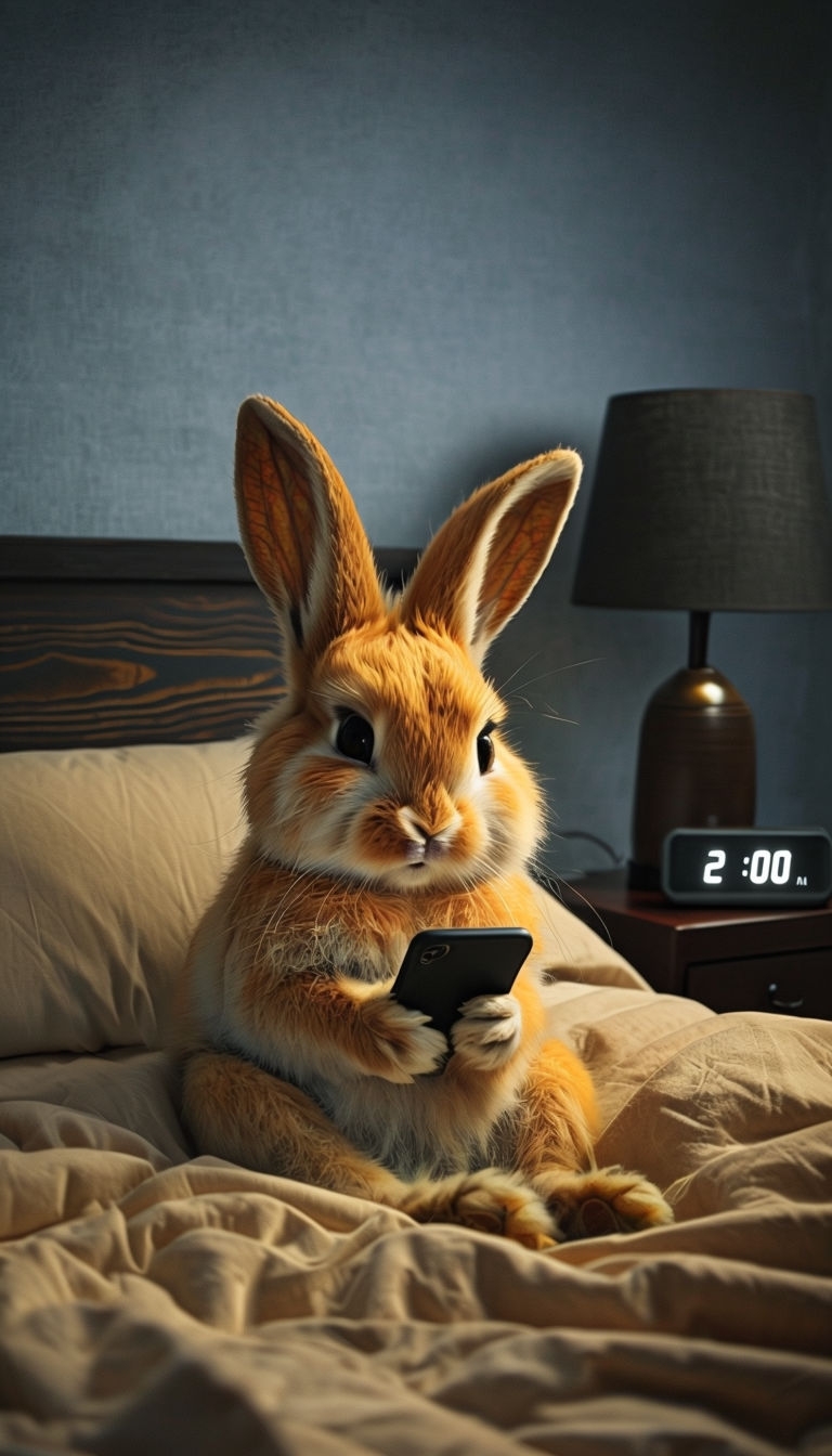 Whimsical Bunny in Bed at 2 AM Smartphone Illustration Mobile Wallpaper