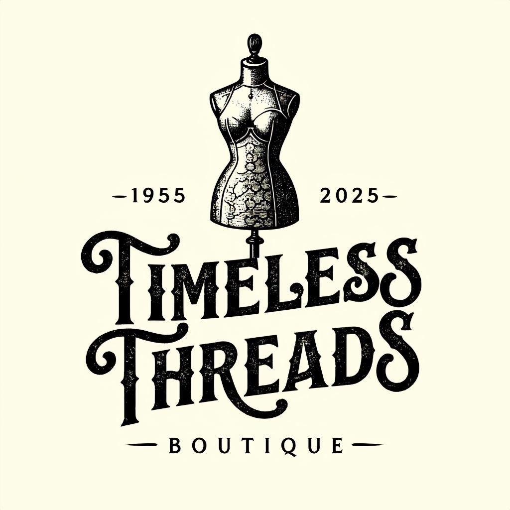 Vintage Timeless Threads Boutique Logo with Elegant Mannequin Design