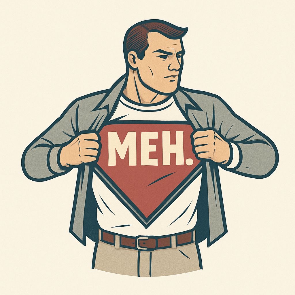Muscular Male Hero with Meh T-Shirt Vintage Comic Sticker