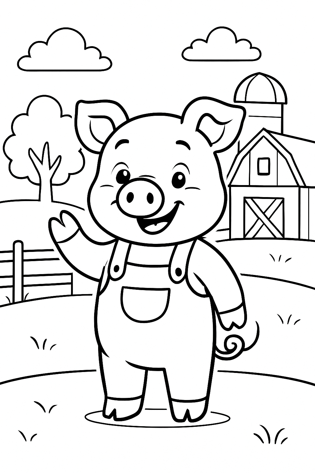 Cheerful Cartoon Pig in Overalls Coloring Page Illustration