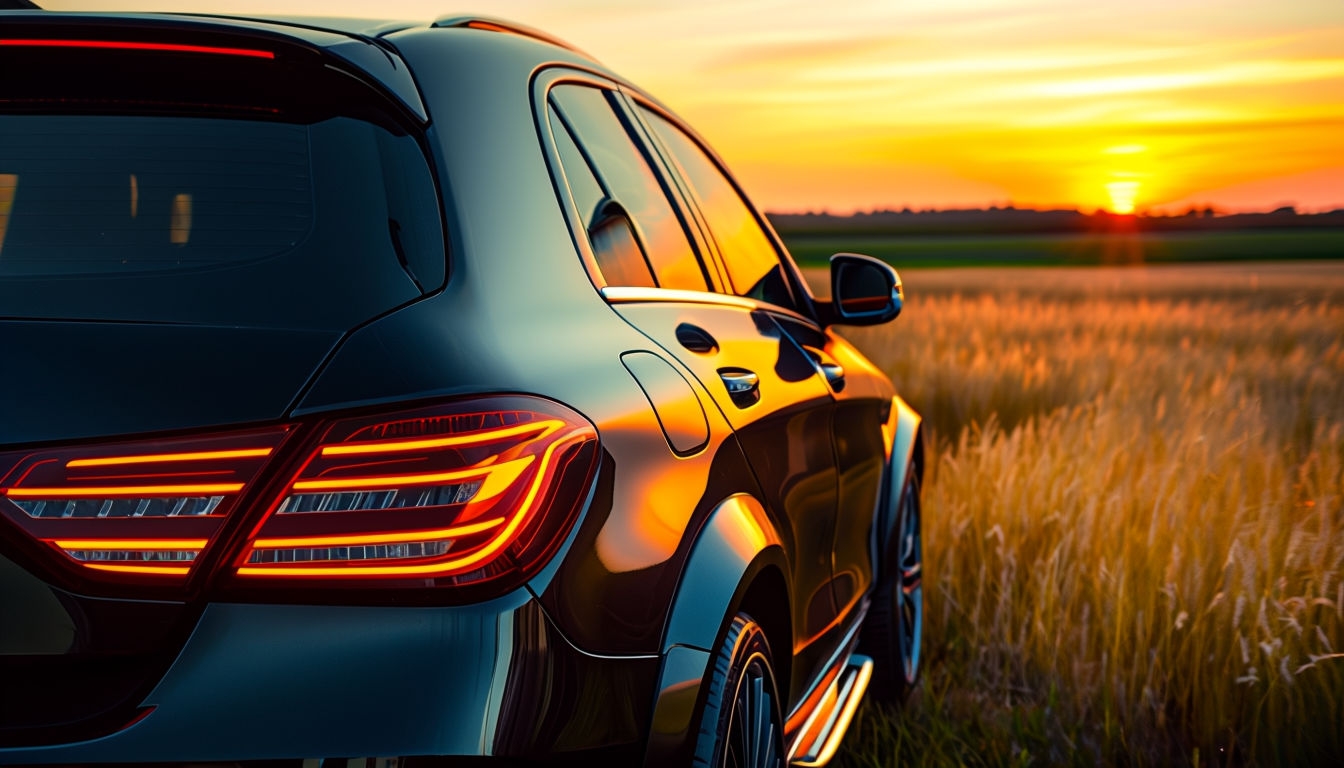 Sleek Black Mercedes-Benz at Sunset with Vibrant Landscape Background