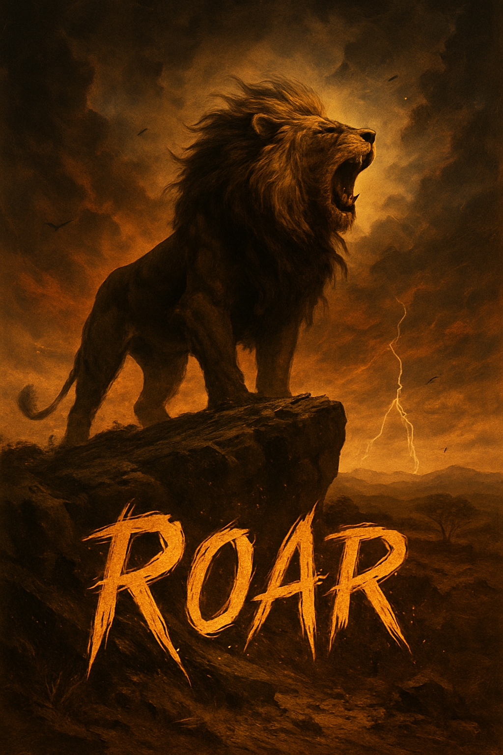 Majestic Lion Roar with Dramatic Stormy Background Poster