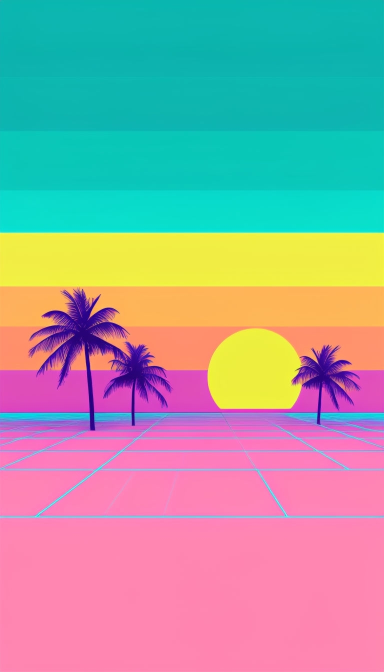 Stylized Vaporwave Sunset with Palm Trees and Grid Mobile Wallpaper