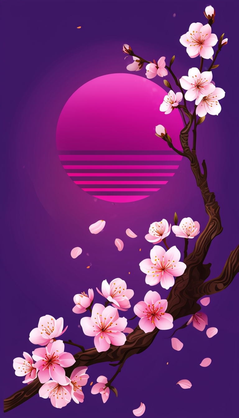 Vibrant Cherry Blossoms Under Magenta Sun Mobile Wallpaper