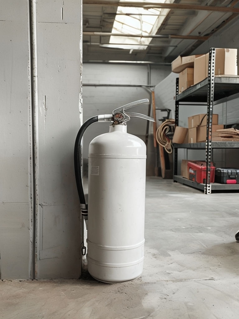 Blank White Fire Extinguisher in Industrial Loft Mockup