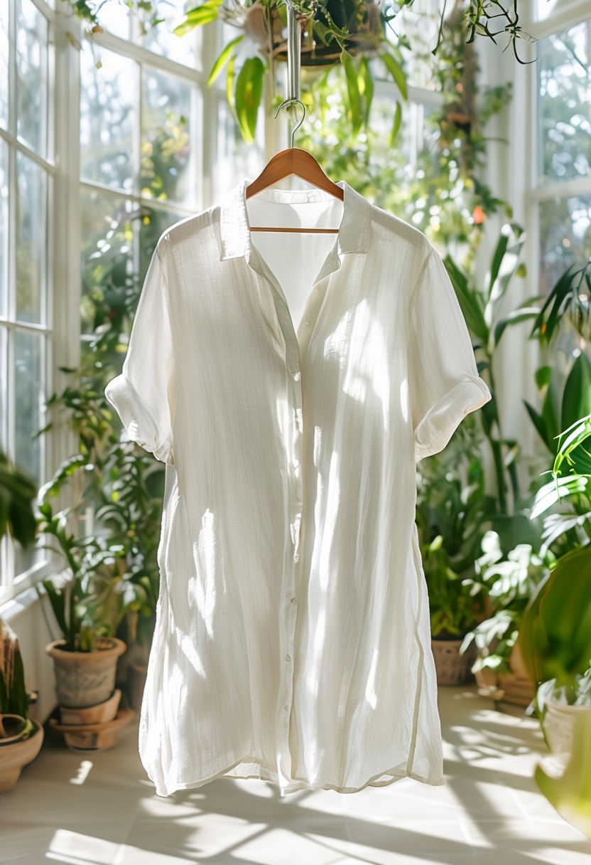 Photorealistic White Linen Shirt Dress Hanging in Sunlit Room Mockup