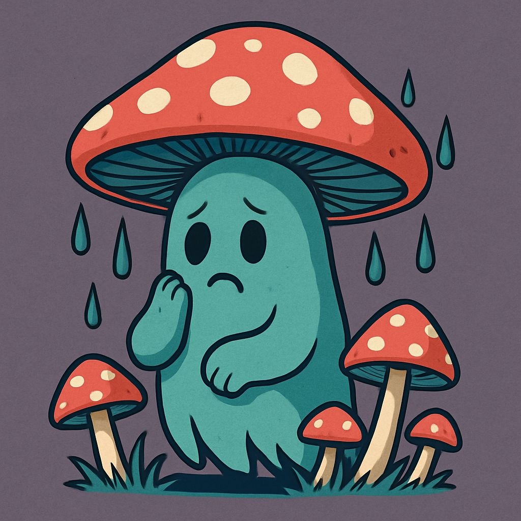 Teal Ghost Character with Mushrooms and Raindrops T-Shirt