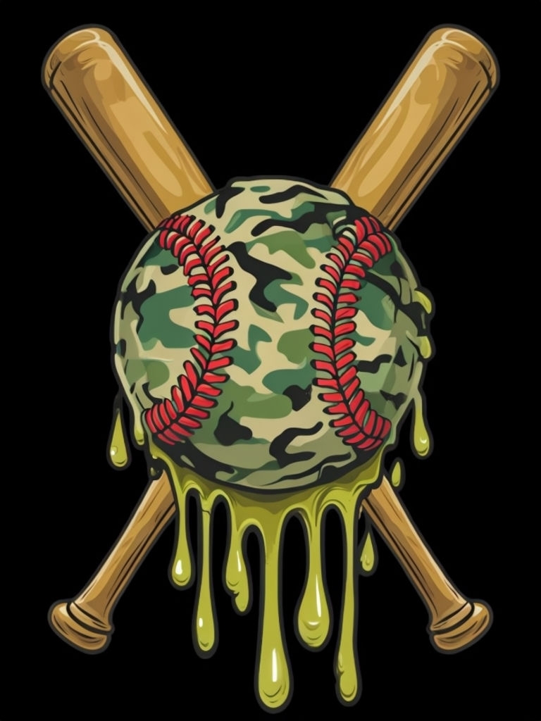 Camouflage Baseball with Bats and Dripping Colors T-Shirt