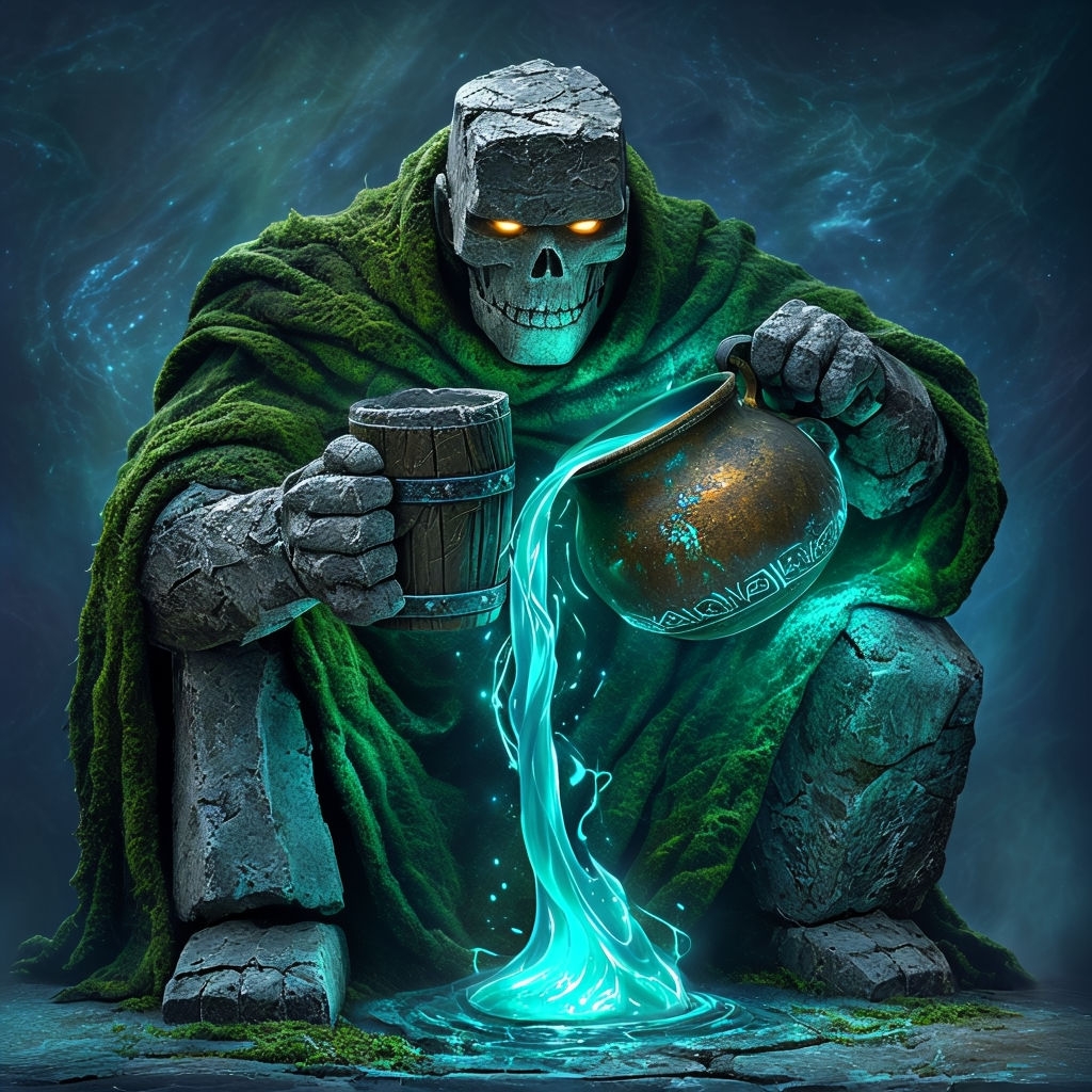 Mystical Golem with Energy Potion and Cosmic Background Art