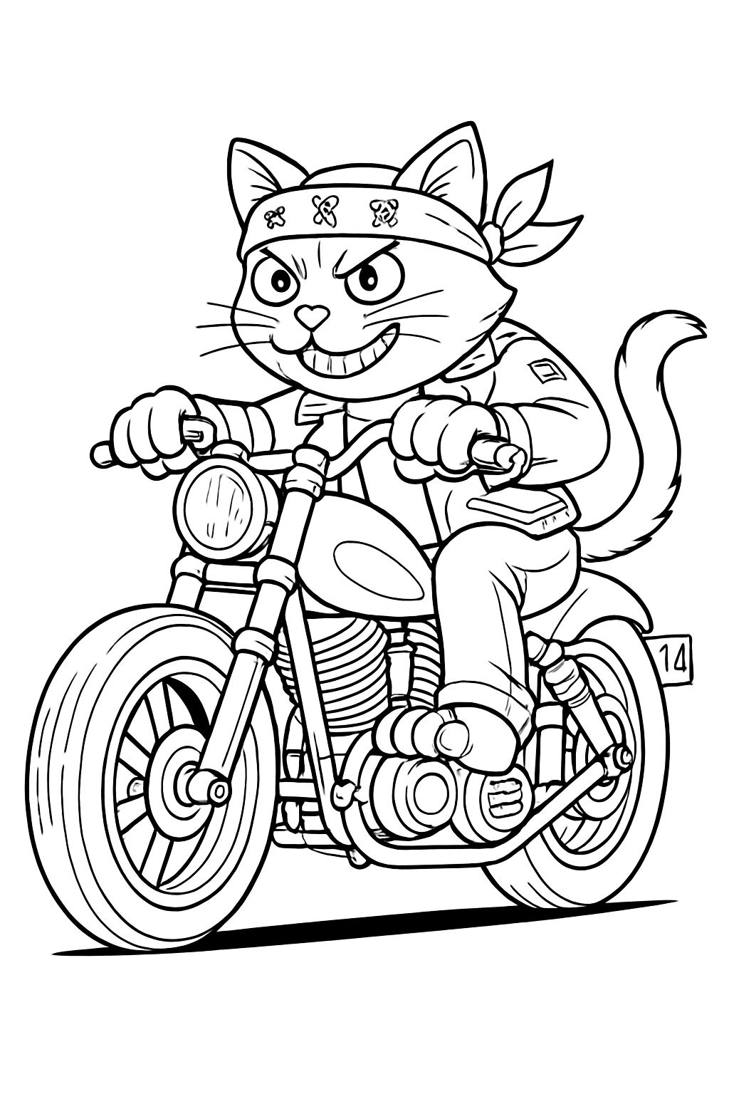 Adventurous Cat Biker Line Drawing Coloring Book Page