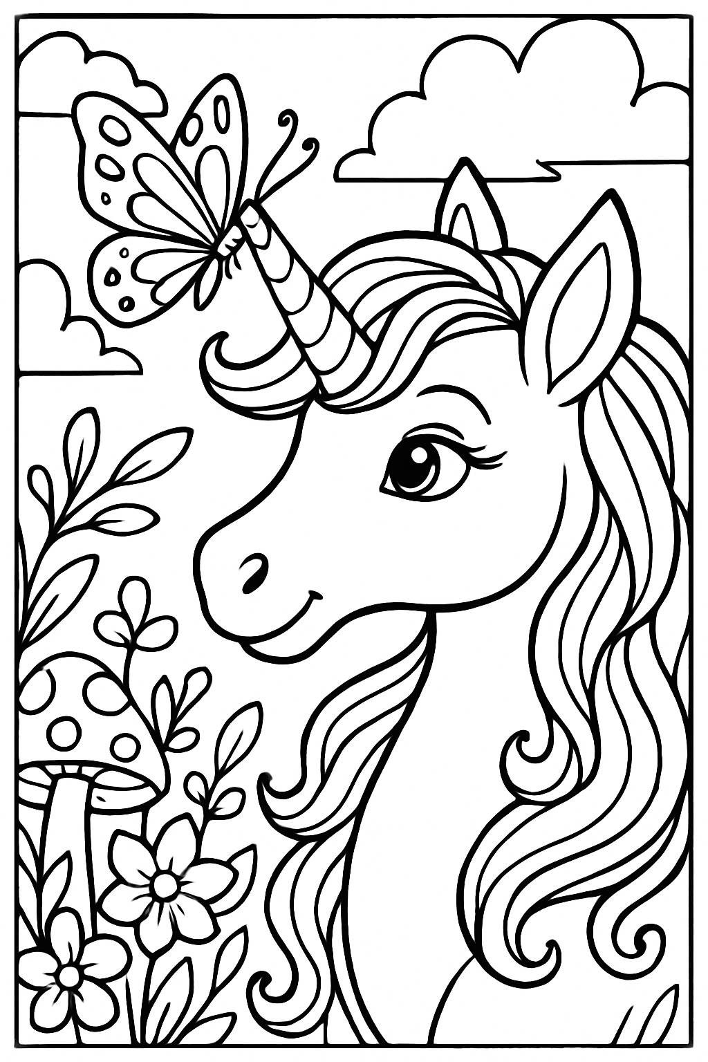 Whimsical Unicorn and Butterfly Enchantment Coloring Page