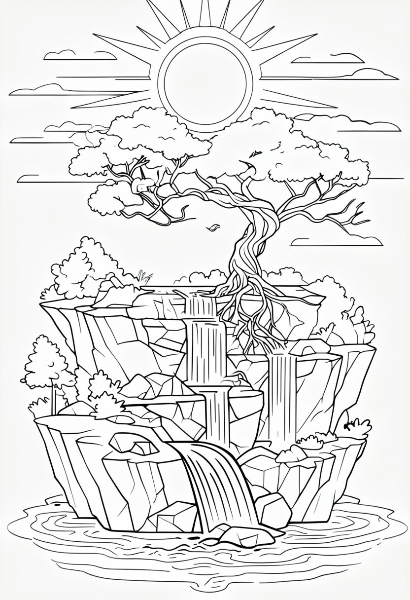 Serene Fantasy Island Landscape Outline Drawing for Coloring Book Pages