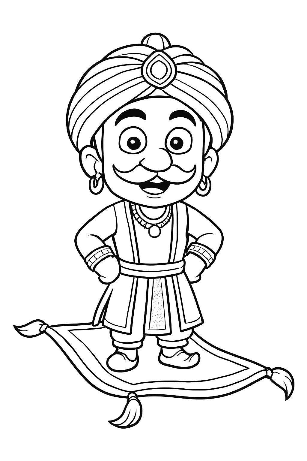 Cheerful Cartoon Genie on Magic Carpet Illustration for Coloring Book Pages