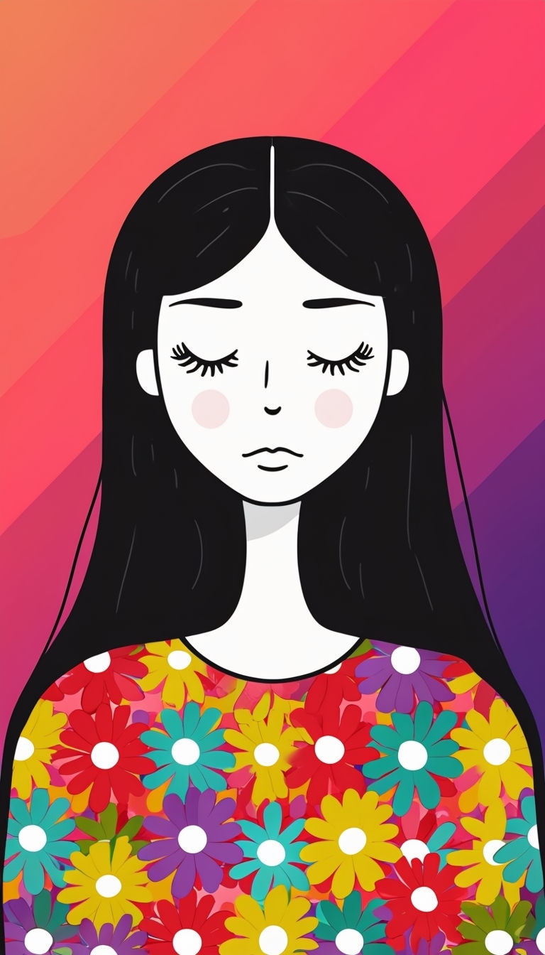 Serene Cartoon Woman with Vibrant Flower Pattern Top Art