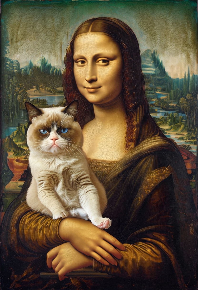 Mona Lisa with Grumpy Cat: A Humorous Pop Culture Art Poster