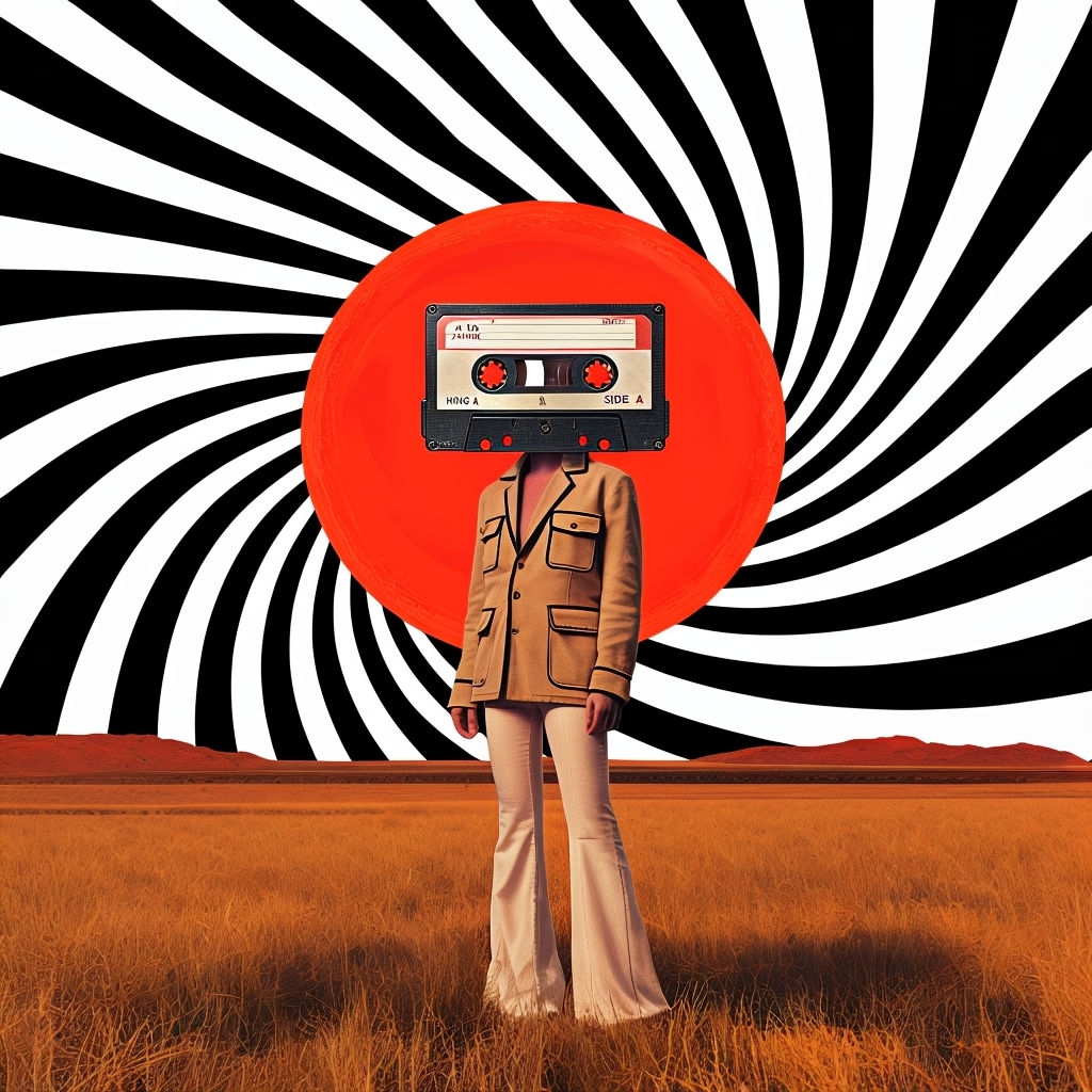 Surreal Vintage Figure with Cassette in Psychedelic Landscape Spotify Album Cover