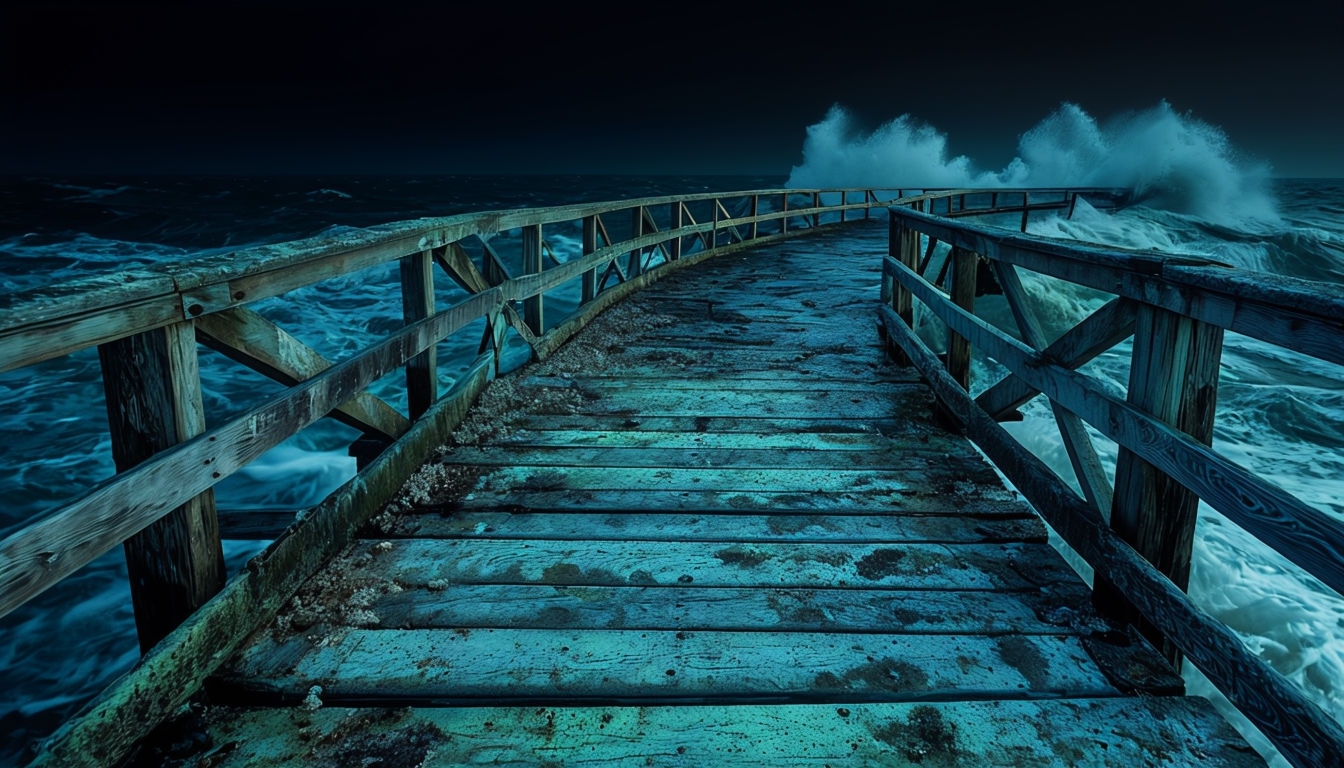 Eerie Old Wooden Pier at Night Photography for Virtual Backgrounds