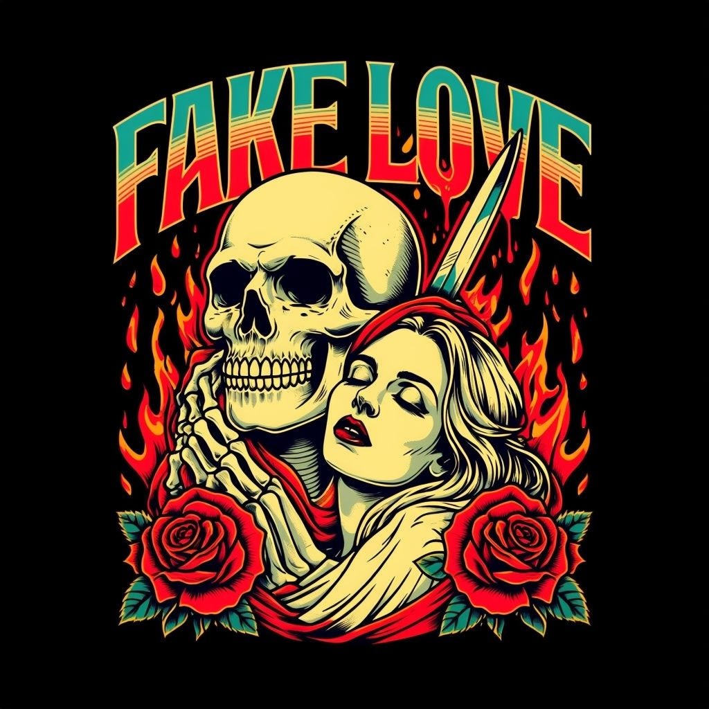 Dark Vintage Tattoo Skull and Fake Love T-Shirt