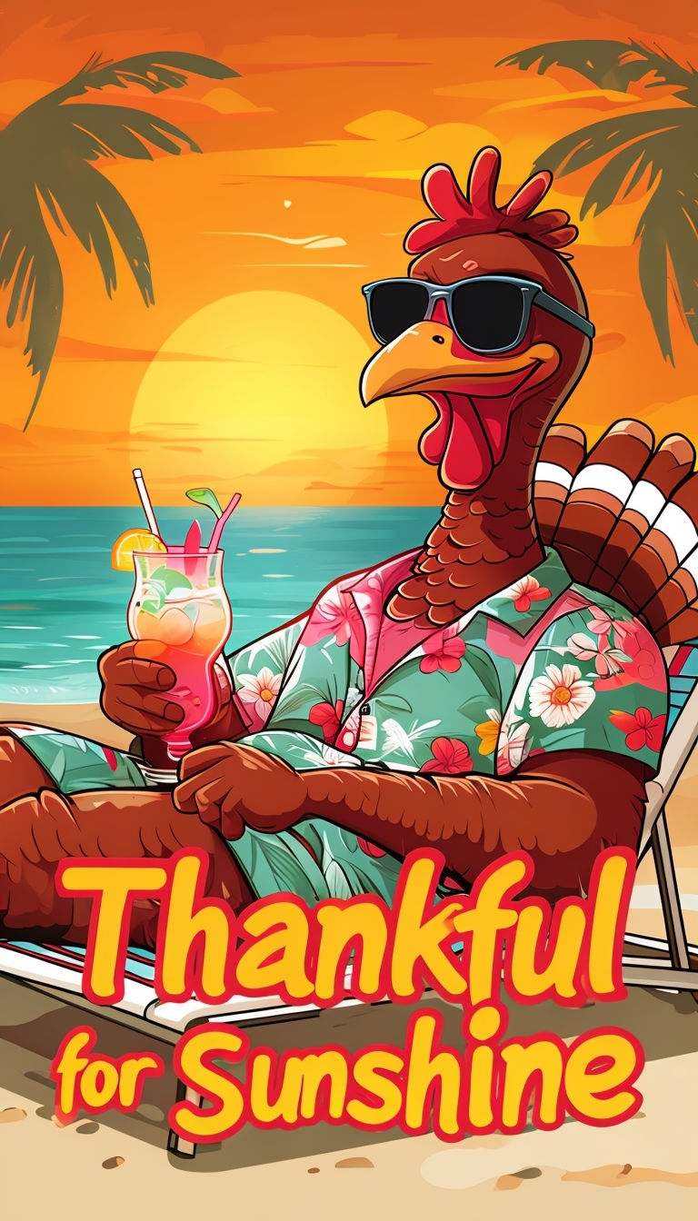 Thankful for Sunshine Cartoon Turkey on Beach Chair Poster