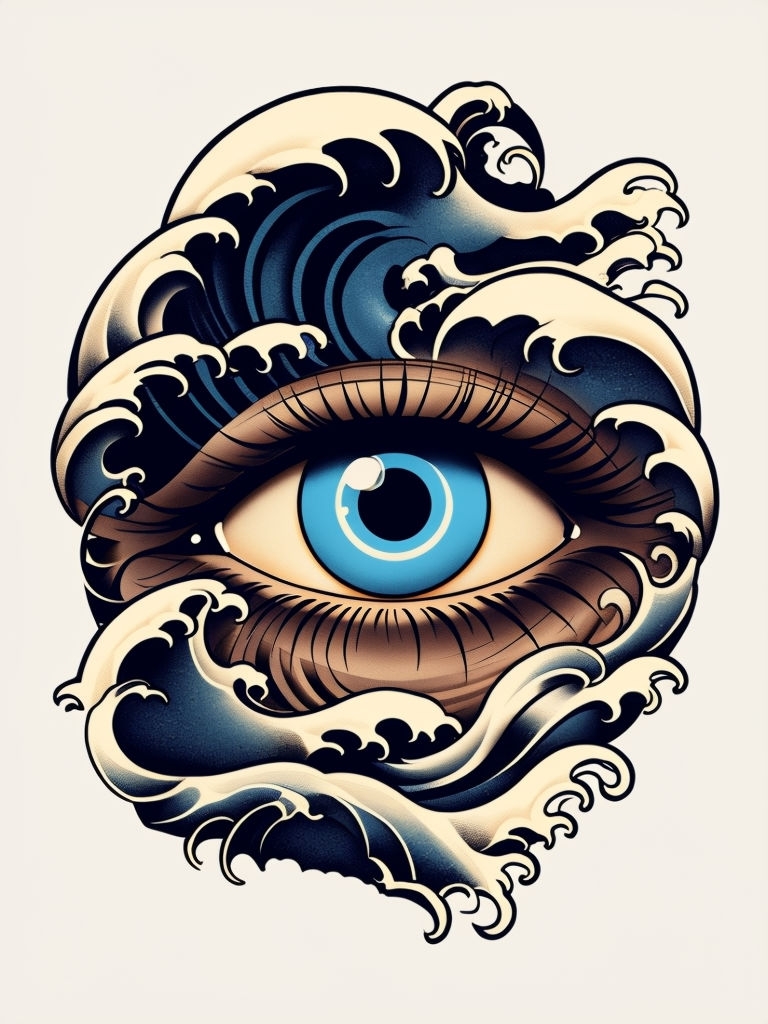 Intricate Modern Tattoo Style Eye with Ocean Waves Poster