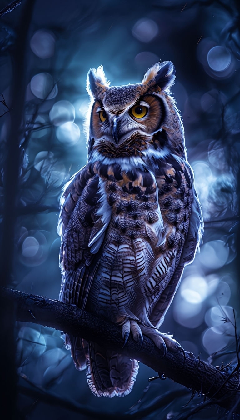 Majestic Great Horned Owl in Moonlit Forest Mobile Wallpaper