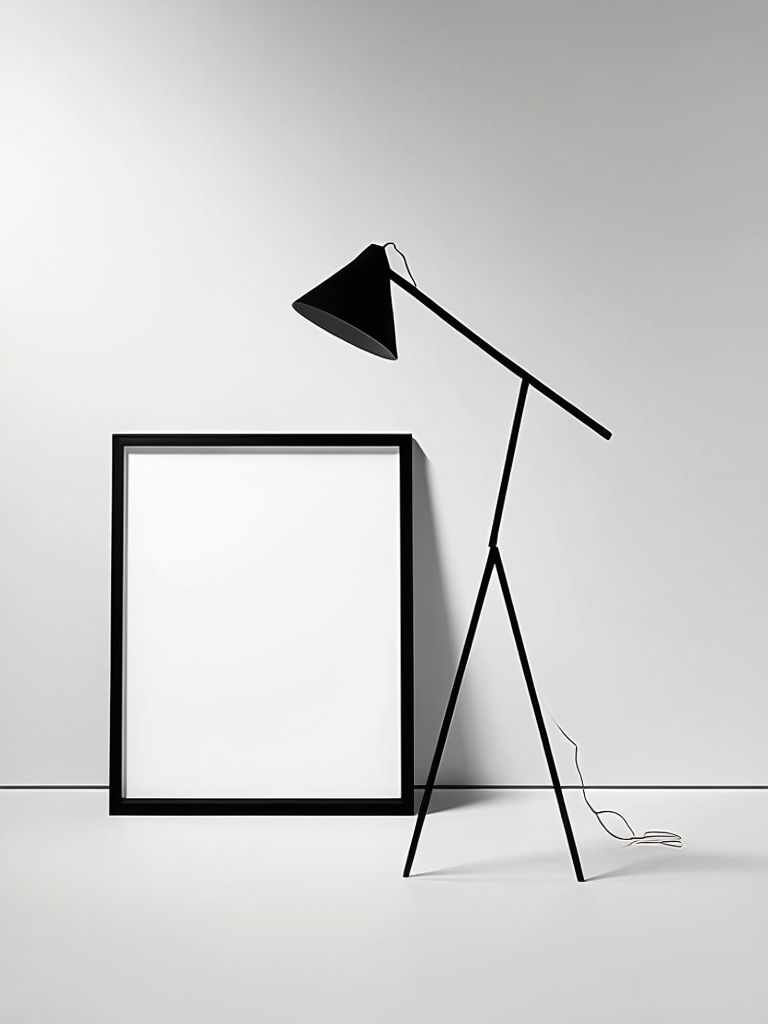 Minimalist Black Floor Lamp and White Art Mockup