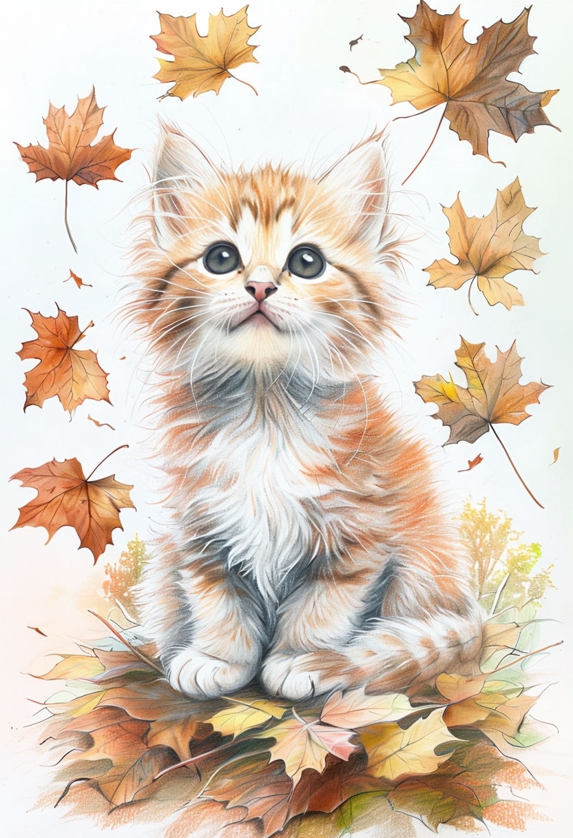 Whimsical Orange Kitten Surrounded by Autumn Leaves Art