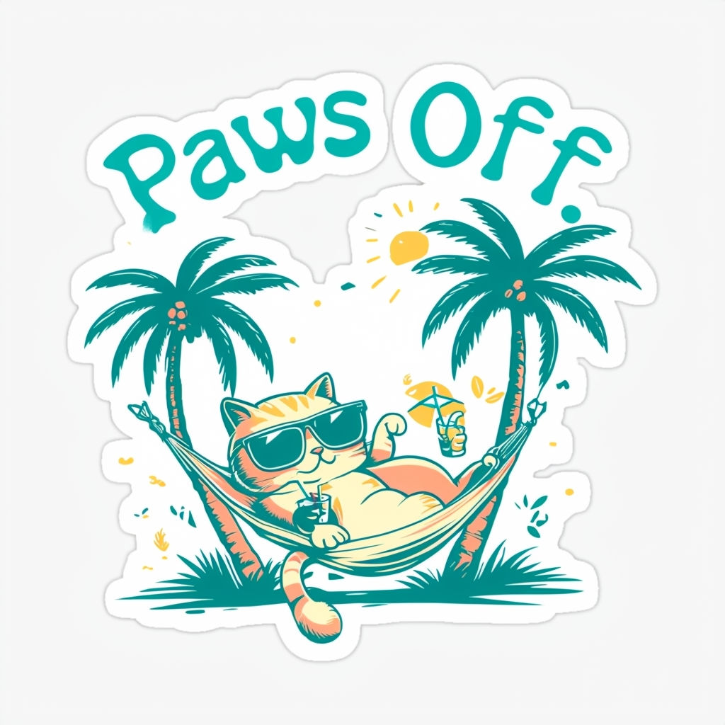 Carefree Cartoon Cat in Hammock with 'Paws Off' Text Sticker