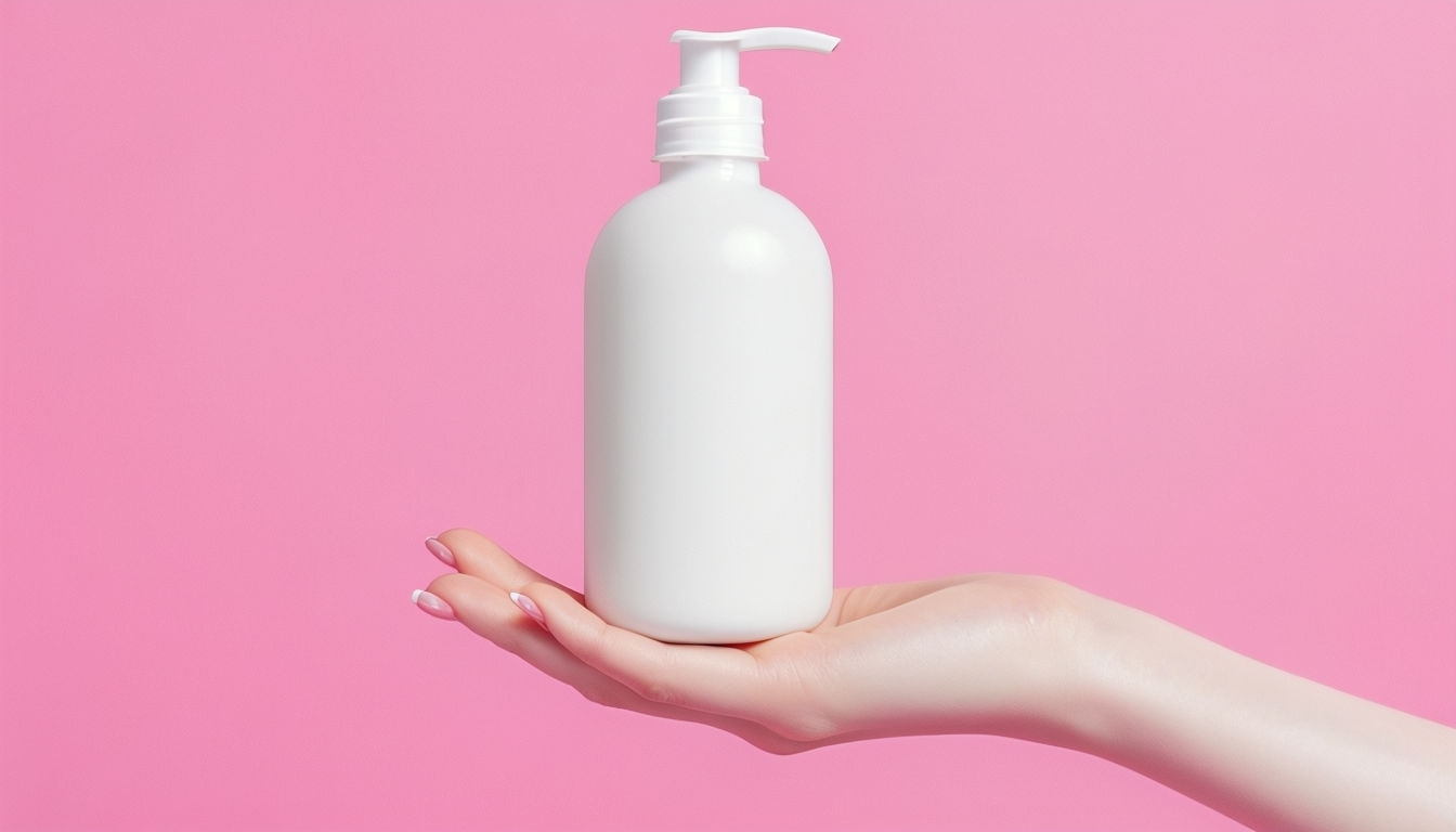 Elegant Hand Holding White Pump Bottle on Pink Background Mockup